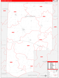 Montgomery County, MO Wall Map Zip Code Red Line Style 2024
