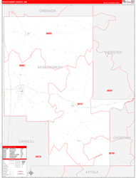 Montgomery County, MS Wall Map Zip Code Red Line Style 2024