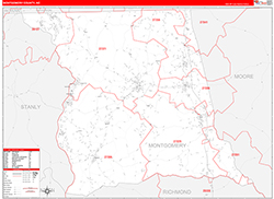 Montgomery County, NC Wall Map Zip Code Red Line Style 2026