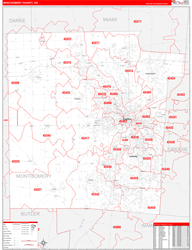 Montgomery County, OH Wall Map Zip Code Red Line Style 2024