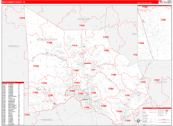 Montgomery County, TX Wall Map Zip Code Red Line Style 2024