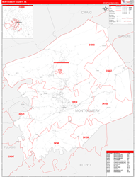 Montgomery County, VA Wall Map Zip Code Red Line Style 2024