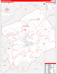 Montgomery County, VA Wall Map Zip Code Red Line Style 2026