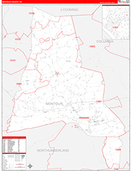 Montour County, PA Wall Map Zip Code Red Line Style 2026
