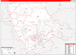 Moore County, NC Wall Map Zip Code Red Line Style 2026