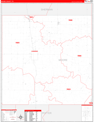 Moore County, TX Wall Map Zip Code Red Line Style 2024