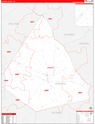 Morgan County, GA Wall Map Zip Code Red Line Style 2024