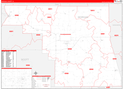 Morgan County, IL Wall Map Zip Code Red Line Style 2024