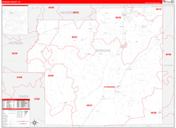 Morgan County, IN Wall Map Zip Code Red Line Style 2024