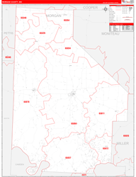 Morgan County, MO Wall Map Zip Code Red Line Style 2024
