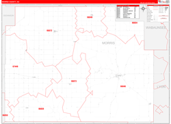 Morris County, KS Wall Map Zip Code Red Line Style 2024
