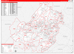 Morris County, NJ Wall Map Zip Code Red Line Style 2026