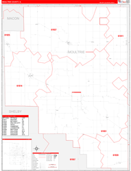 Moultrie County, IL Wall Map Zip Code Red Line Style 2024