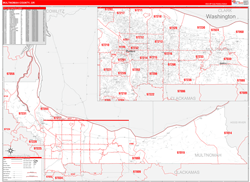 Multnomah County, OR Wall Map Zip Code Red Line Style 2024