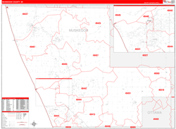 Muskegon County, MI Wall Map Zip Code Red Line Style 2024