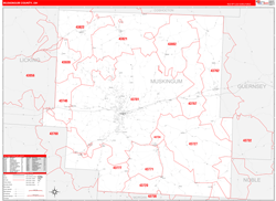 Muskingum County, OH Wall Map Zip Code Red Line Style 2024