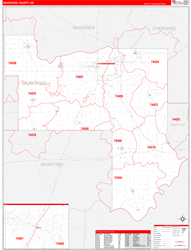 Muskogee County, OK Wall Map Zip Code Red Line Style 2024