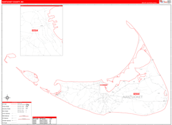 Nantucket County, MA Wall Map Zip Code Red Line Style 2024