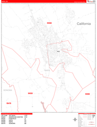 Napa County, CA Wall Map Zip Code Red Line Style 2024