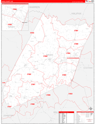 Nash County, NC Wall Map Zip Code Red Line Style 2024