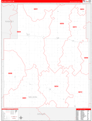 Nelson County, ND Wall Map Zip Code Red Line Style 2023