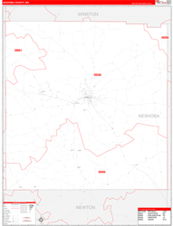 Neshoba County, MS Wall Map Zip Code Red Line Style 2024