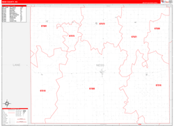 Ness County, KS Wall Map Zip Code Red Line Style 2024