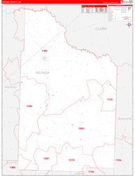 Nevada County, AR Wall Map Zip Code Red Line Style 2024