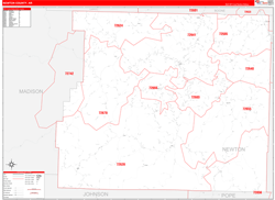 Newton County, AR Wall Map Zip Code Red Line Style 2024
