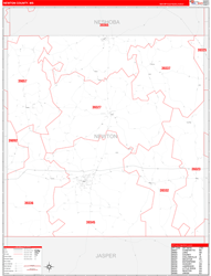 Newton County, MS Wall Map Zip Code Red Line Style 2024
