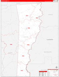 Newton County, TX Wall Map Zip Code Red Line Style 2023