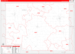 Noble County, IN Wall Map Zip Code Red Line Style 2024
