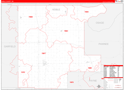 Noble County, OK Wall Map Zip Code Red Line Style 2024