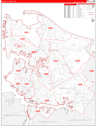 Norfolk County, VA Wall Map Zip Code Red Line Style 2024