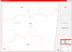 Noxubee County, MS Wall Map Zip Code Red Line Style 2024