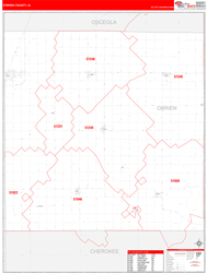 O'Brien County, IA Wall Map Zip Code Red Line Style 2024
