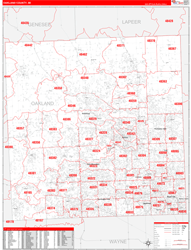 Oakland County, MI Wall Map Zip Code Red Line Style 2024