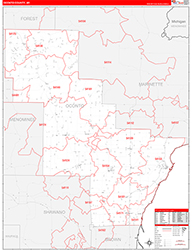 Oconto County, WI Wall Map Zip Code Red Line Style 2026