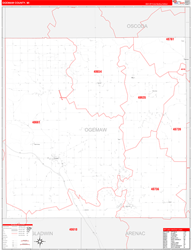 Ogemaw County, MI Wall Map Zip Code Red Line Style 2024