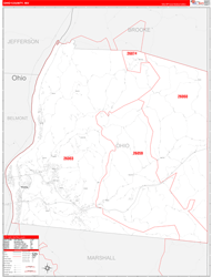 Ohio County, WV Wall Map Zip Code Red Line Style 2024
