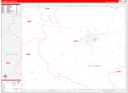 Oktibbeha County, MS Wall Map Zip Code Red Line Style 2024