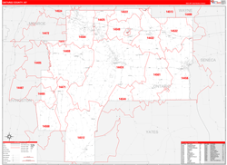 Ontario County, NY Wall Map Zip Code Red Line Style 2024