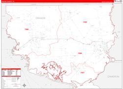 Orange County, TX Wall Map Zip Code Red Line Style 2023
