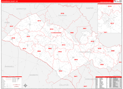 Orangeburg County, SC Wall Map Zip Code Red Line Style 2024