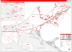 OrleansParish (County), LA Wall Map Zip Code Red Line Style 2024