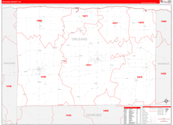 Orleans County, NY Wall Map Zip Code Red Line Style 2024