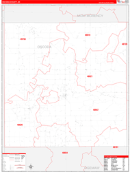 Oscoda County, MI Wall Map Zip Code Red Line Style 2024