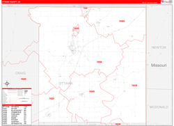 Ottawa County, OK Wall Map Zip Code Red Line Style 2024