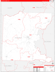 Ouachita County, AR Wall Map Zip Code Red Line Style 2024