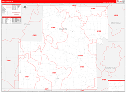 Owen County, IN Wall Map Zip Code Red Line Style 2024